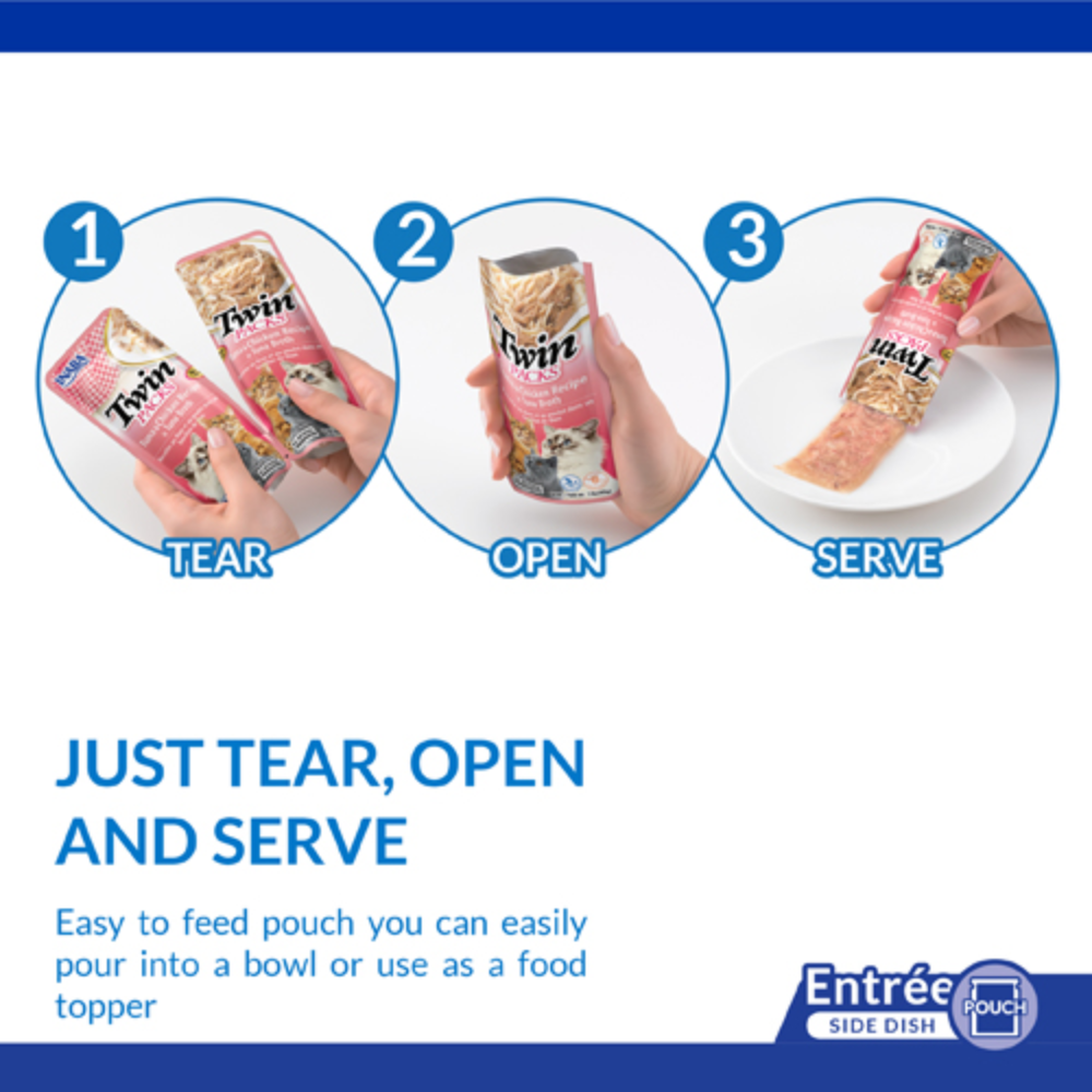 Instructions for using a food pouch with 'Twin' branding, showing tear, open, and serve steps.