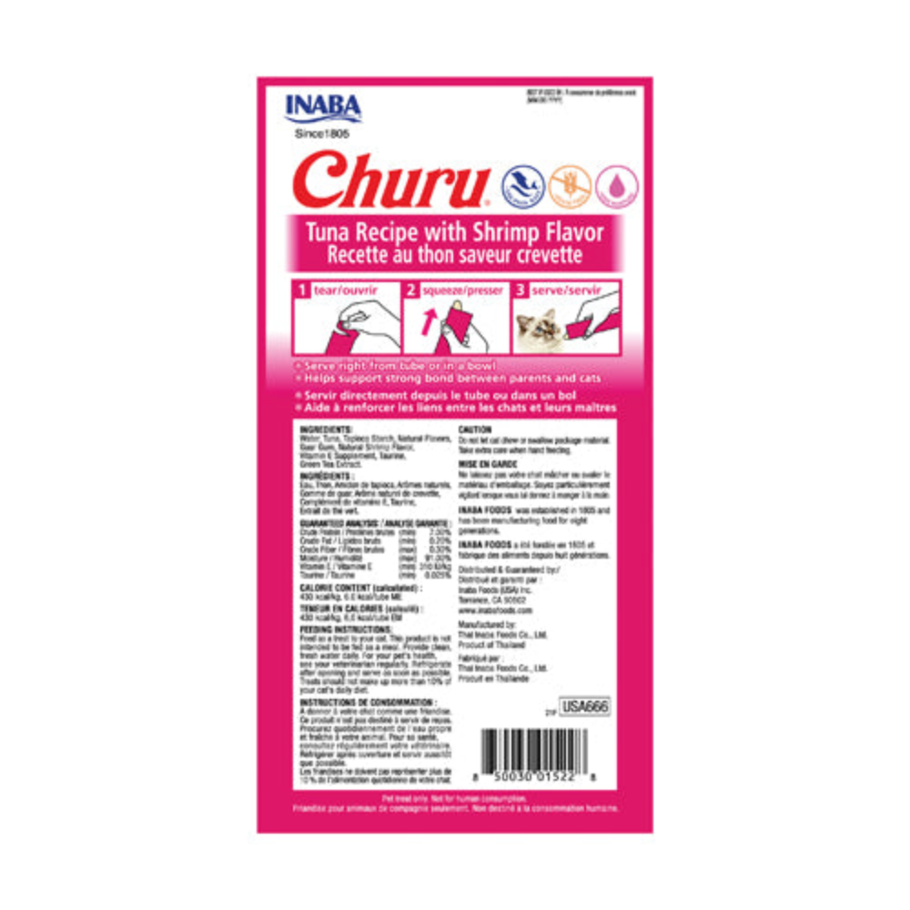 Inaba Churu tuna recipe with shrimp flavor packaging on a white background