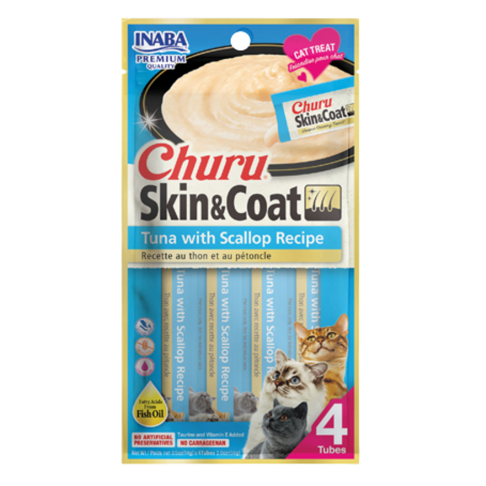 Packaging of Churu Skin & Coat cat treats with tuna and scallop recipe on a white background.