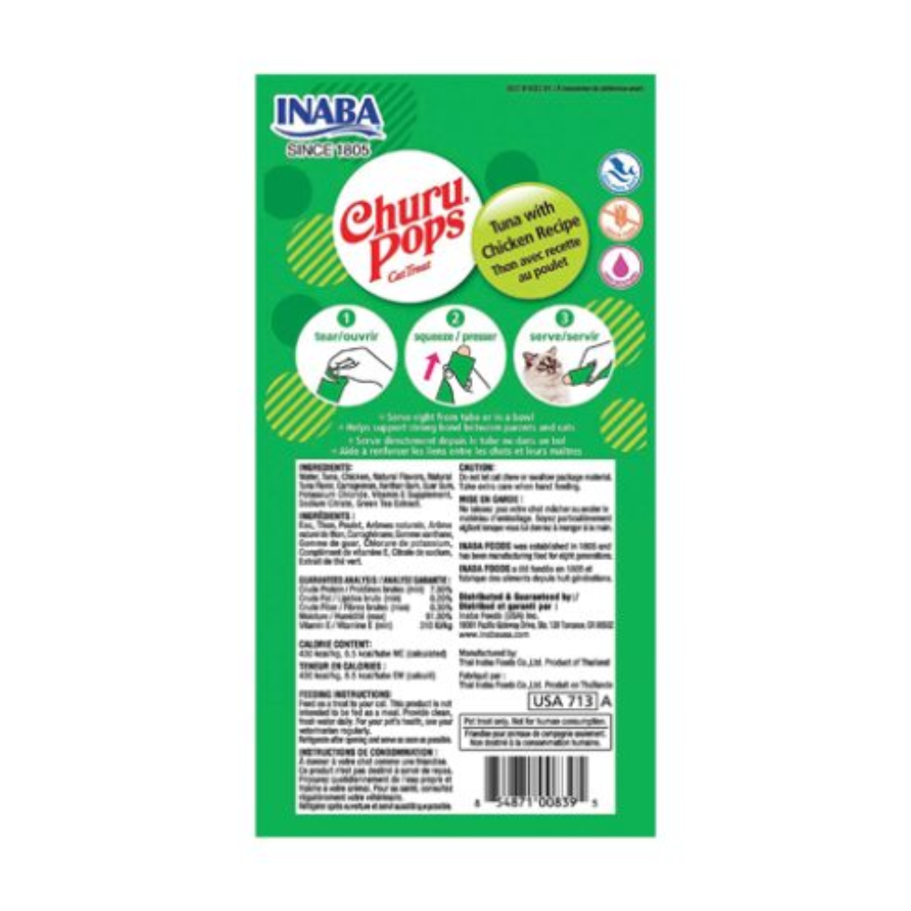 Green package of INABA Churu Pops cat food with branding and product details.