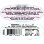 Product label with feeding instructions, ingredients, and guaranteed analysis on a white background