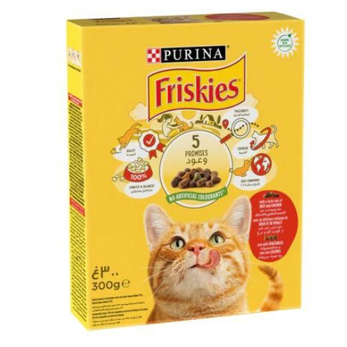 Yellow box of Purina Friskies cat food with a cat's face on the packaging.