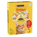 Yellow box of Purina Friskies cat food with a cat's face on the packaging.