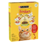 Yellow box of Purina Friskies cat food with a cat's face on the packaging.