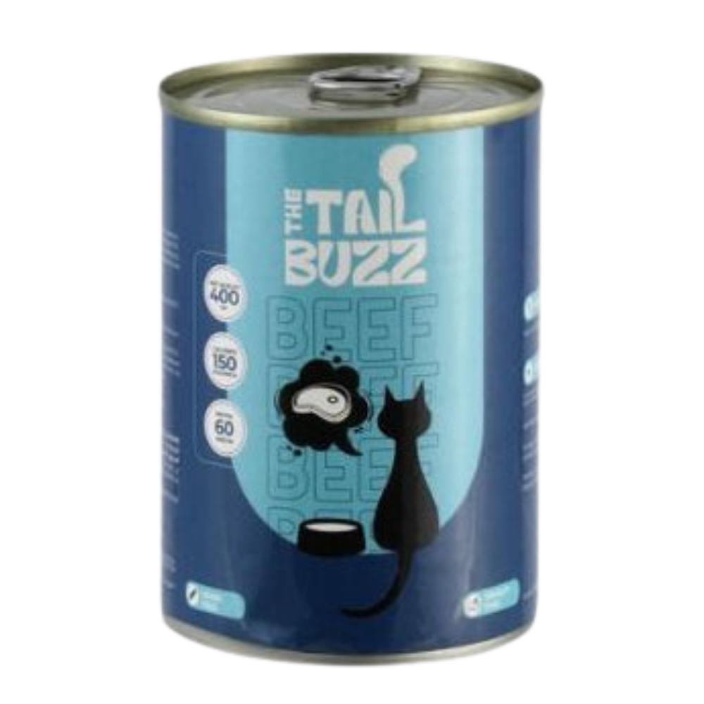 Can of 'The Tail Buzz' beef cat food with a blue label