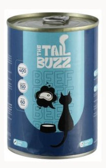 Can of 'The Tail Buzz' beef cat food with a blue label