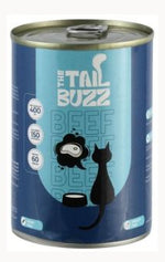 Can of 'The Tail Buzz' beef cat food with a blue label