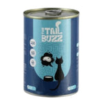 Can of 'The Tail Buzz' beef cat food with a blue label