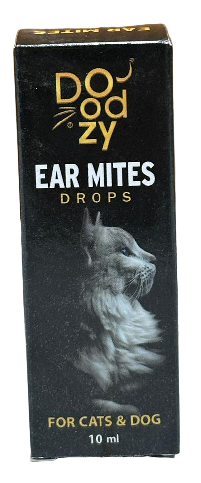 Box of Doozy Ear Mites Drops for cats and dogs on a wooden surface.