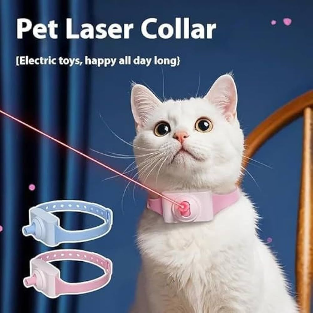 White cat wearing a pink pet laser collar with a blue background