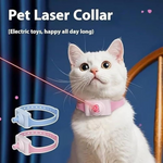 White cat wearing a pink pet laser collar with a blue background
