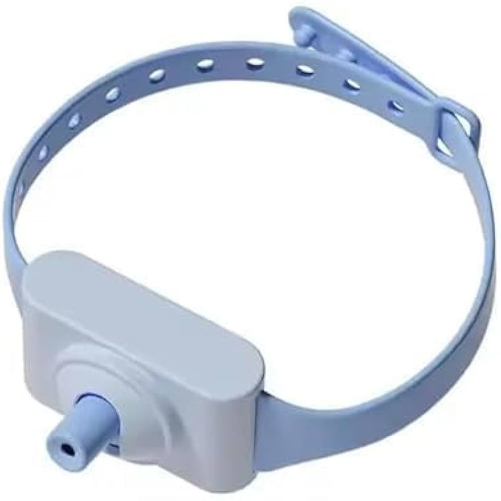 Blue pet collar with a plastic device attached on a white background