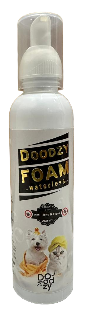 Doozy Foam bottle on a tiled floor with wooden wall background
