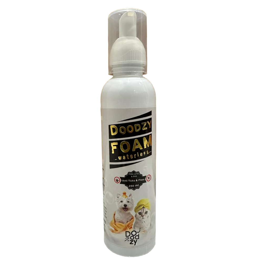 Doozy Foam bottle on a tiled floor with wooden wall background