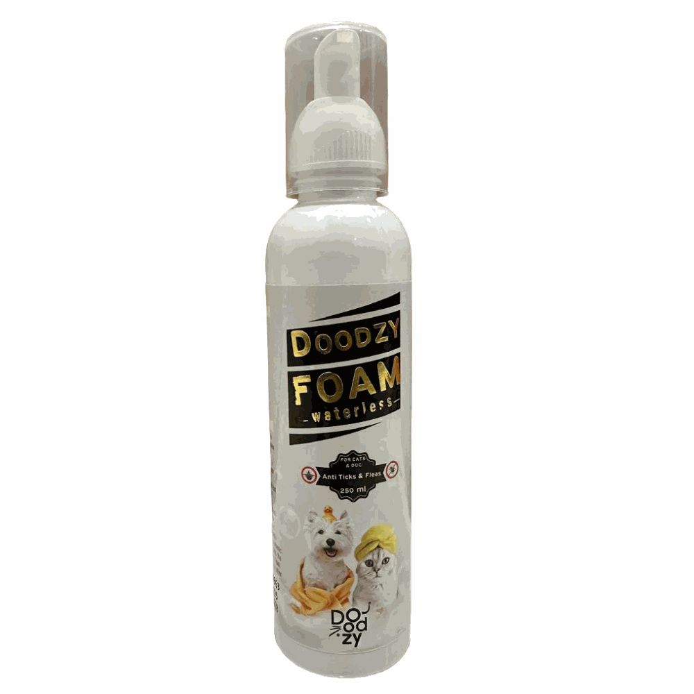 Doozy Foam bottle on a tiled floor with wooden wall background