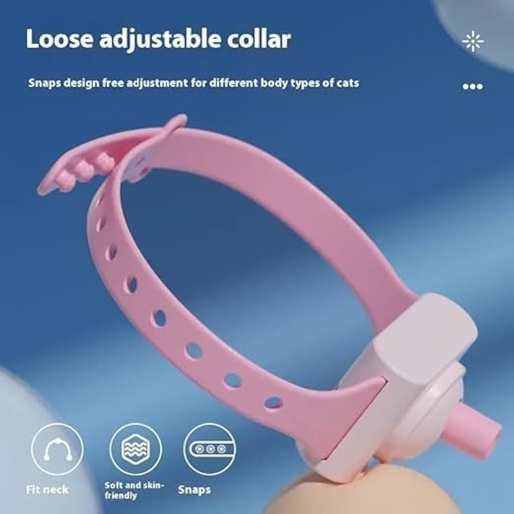Pink adjustable cat collar with text on a blue background