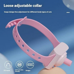 Pink adjustable cat collar with text on a blue background