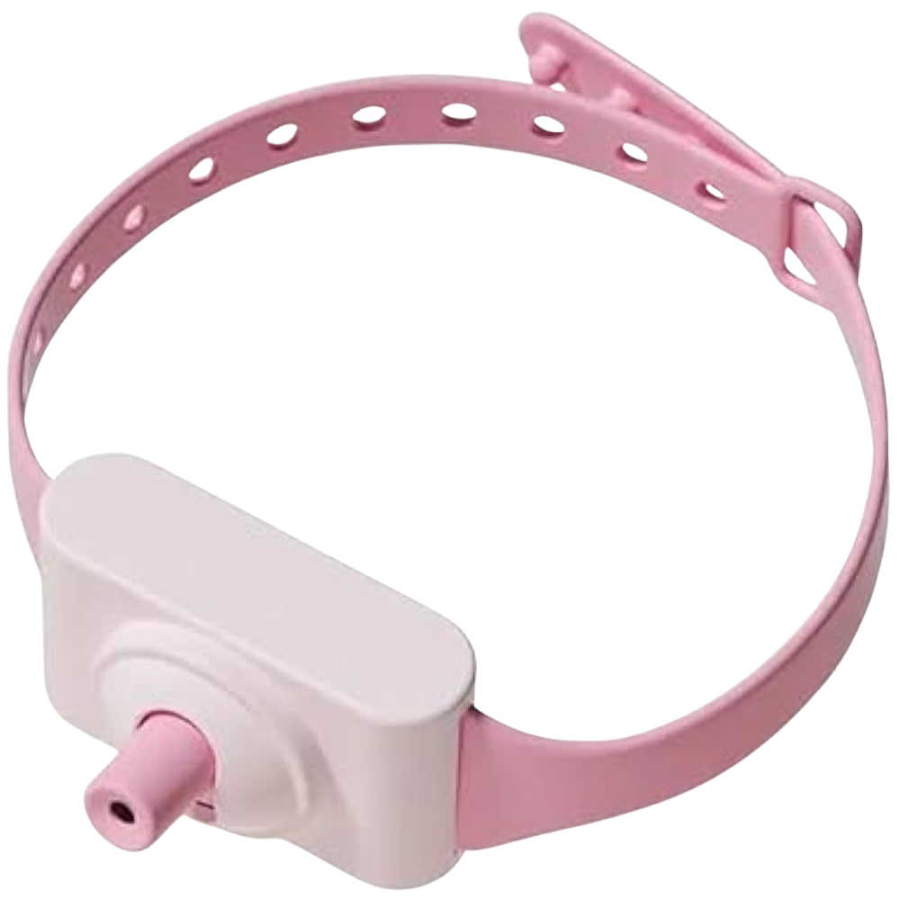 Pink and white device with a band on a white background