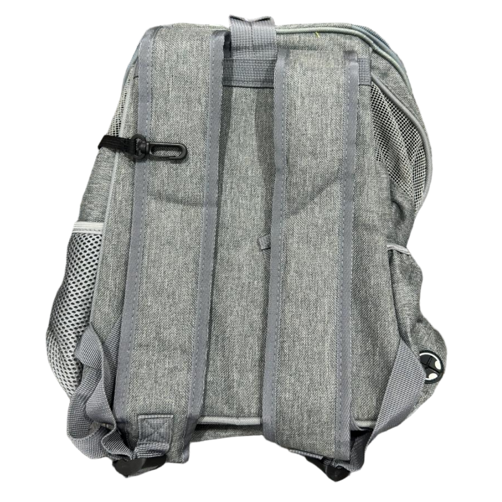 Gray backpack with mesh side panels on a white background