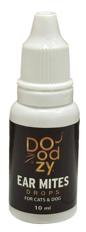 Bottle of Doozy ear mites drops for cats and dogs on a tiled floor.