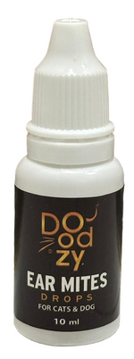 Bottle of Doozy ear mites drops for cats and dogs on a tiled floor.