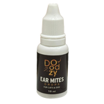 Bottle of Doozy ear mites drops for cats and dogs on a tiled floor.