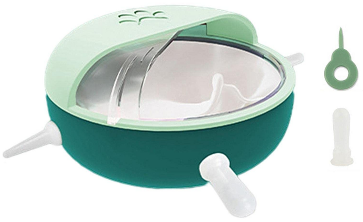 Green and mint-colored pet water bowl with accessories on a white background