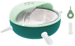Green and mint-colored pet water bowl with accessories on a white background
