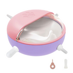 Pink and purple pet carrier with white wheels on a white background