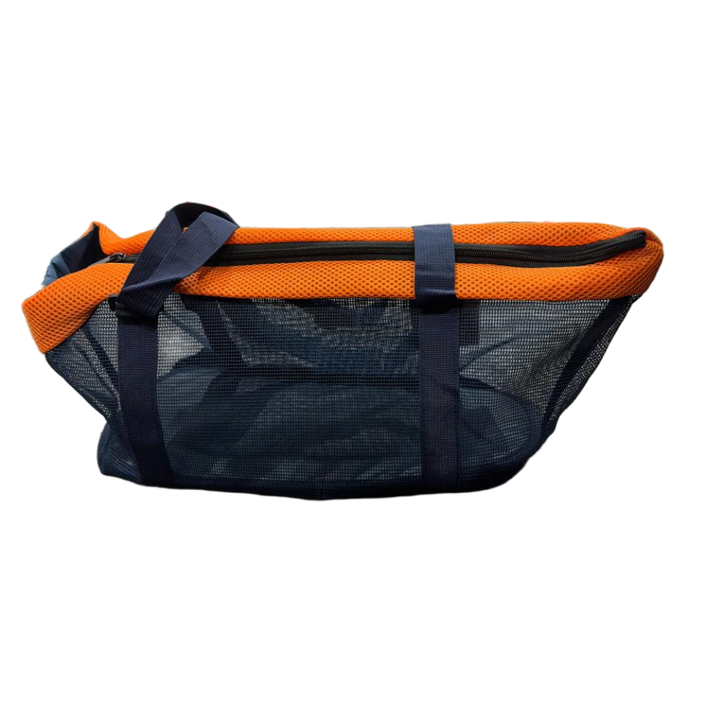 Orange and black mesh bag with a strap on a white background