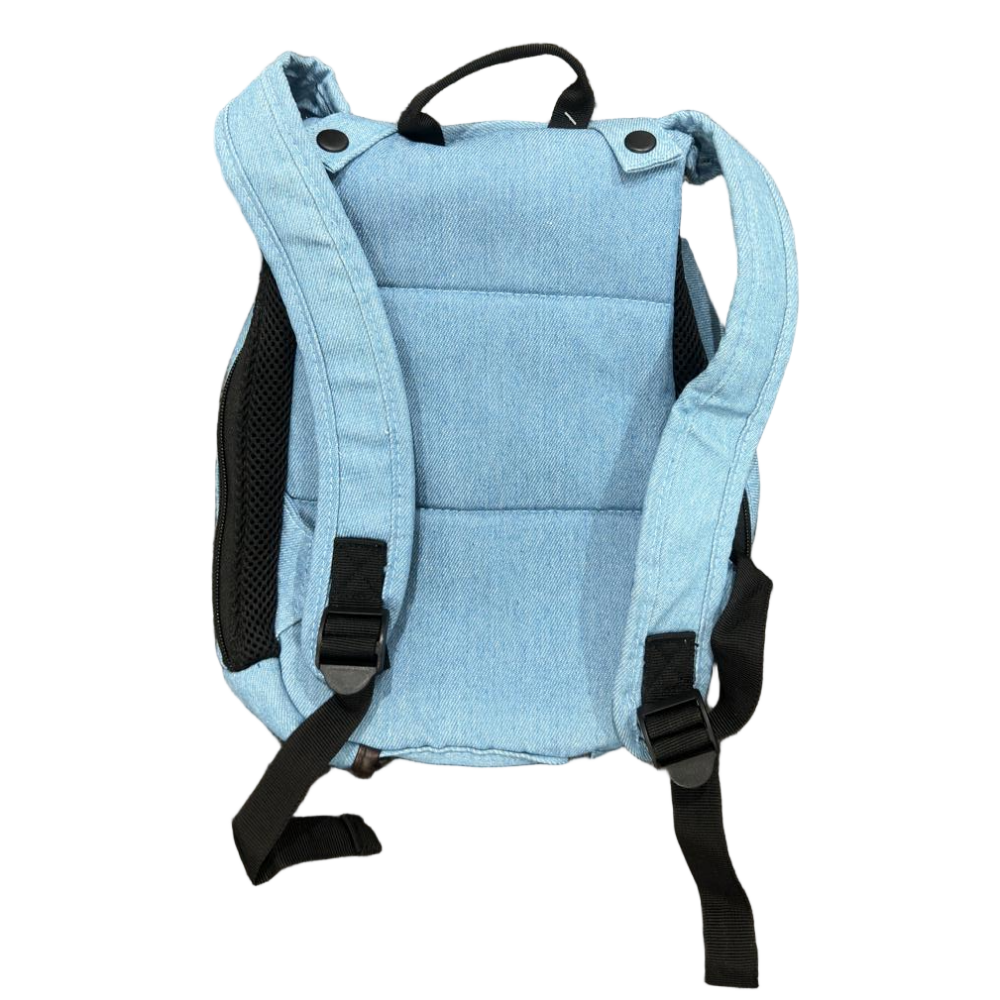 Light blue backpack with black straps on a white background