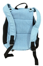 Light blue backpack with black straps on a white background