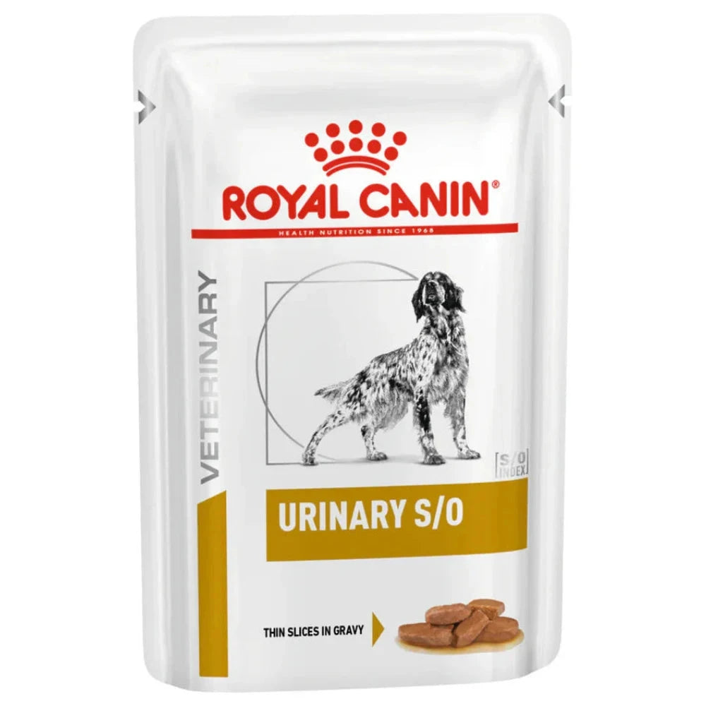 Royal Canin Veterinary Diet Urinary S/O wet dog food pouch packaging.