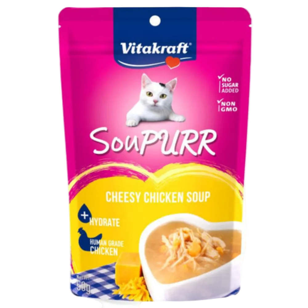 Vitakraft Soupurr Cheesy Chicken Soup pouch for cats on a white background