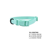 Mint green dog collar with size chart on a white background