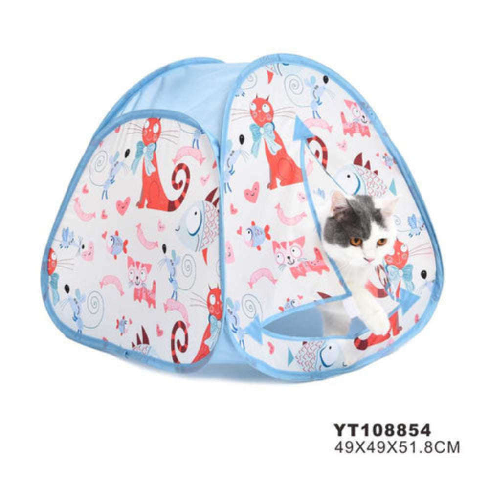 Pet tent with cartoon cat design featuring a cat inside on a white background