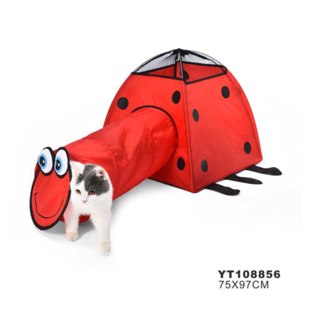 Red ladybug-shaped pet play tunnel with a cat peeking out on a white background