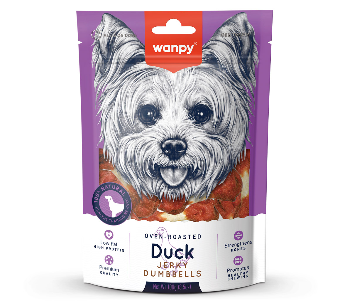 Wanpy dog treat package with a dog illustration on a white background