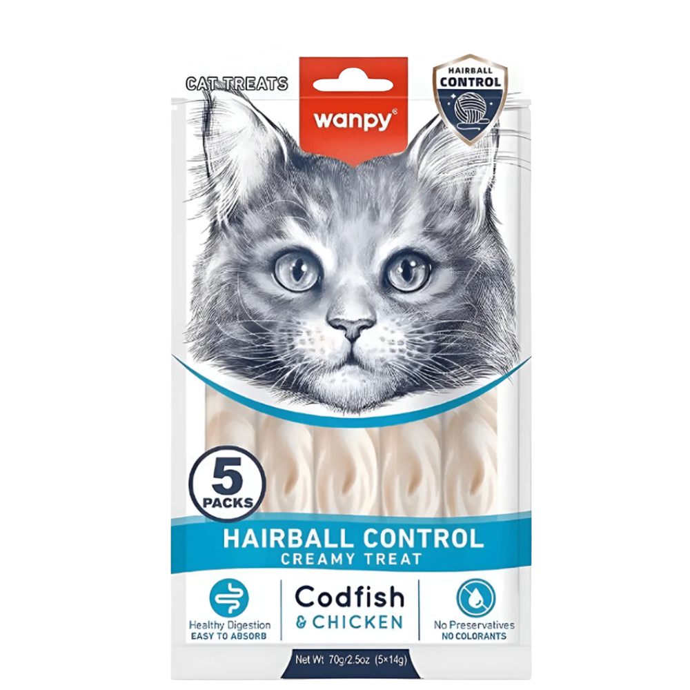 Wanpy cat treat package with a cat's face on the packaging, featuring codfish and chicken.