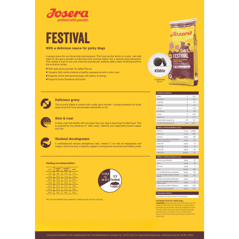 Josera Festival pet food packaging with yellow background and product details.