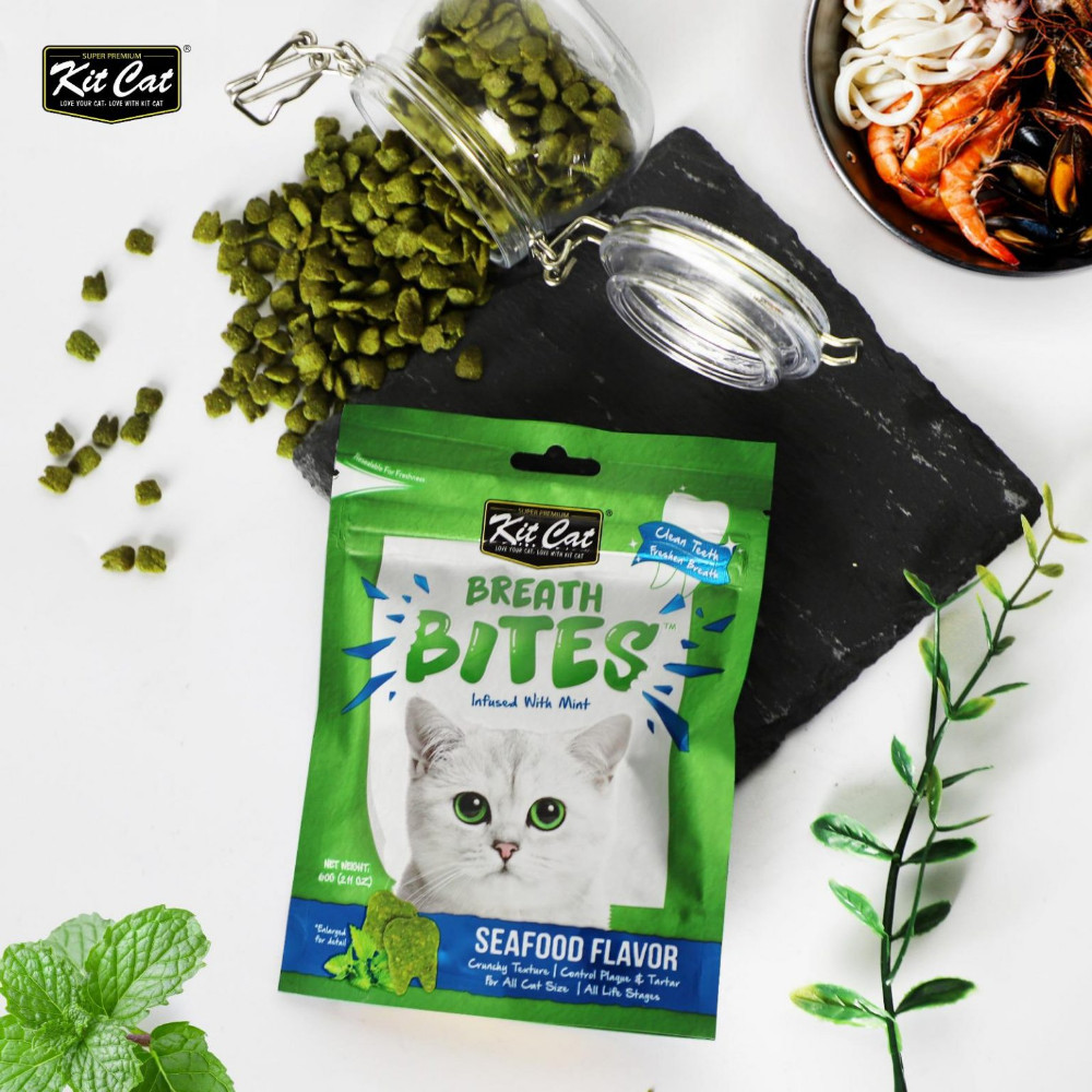 Kit Cat Breath Bites Seafood Flavor cat treat package with green herbs on a white background