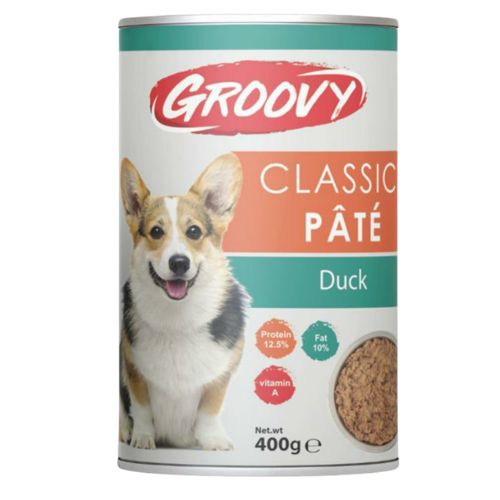 Can of Groovy Classic Pété Duck dog food on a white background
