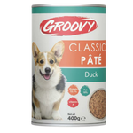 Can of Groovy Classic Pété Duck dog food on a white background