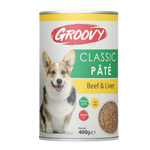 Can of Groovy Classic Páté Beef & Liver dog food on a white background