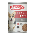 Can of Groovy Classic Pété dog food with a corgi on the label
