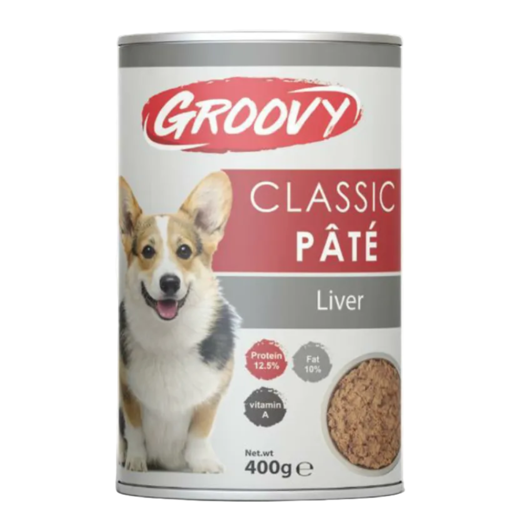 Can of Groovy Classic Pété liver dog food on a white background