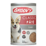 Can of Groovy Classic Pété liver dog food on a white background