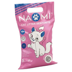 Pink package of Naomi cat litter with a cartoon cat on a white background