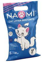 Naomi cat litter packaging with a cartoon cat on a blue background