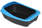 Black pet litter box with blue rim on a white background
